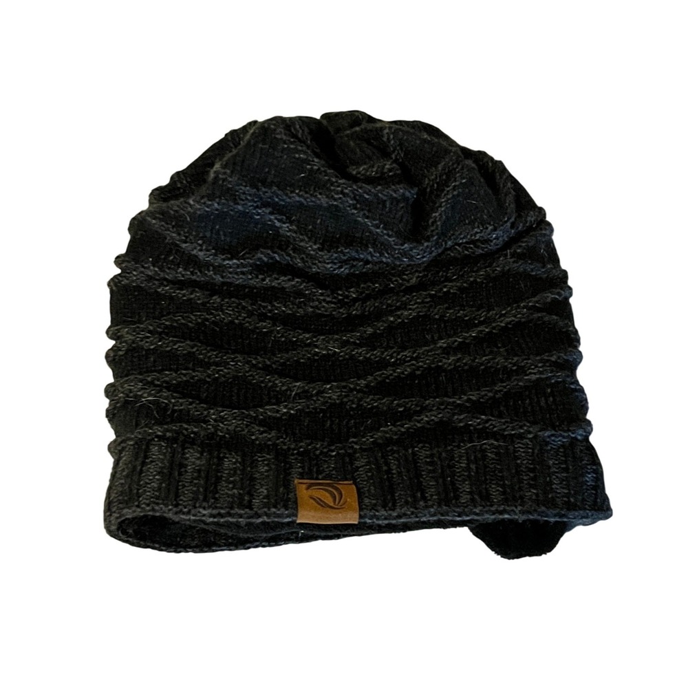 Black Textured Diamond Knit Beanie Fleece Lined Winter Hat Ribbed Cuff Unisex